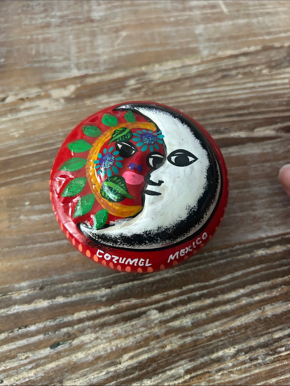 Hand-Painted Sun & Moon Ceramic Trinket Box - Red